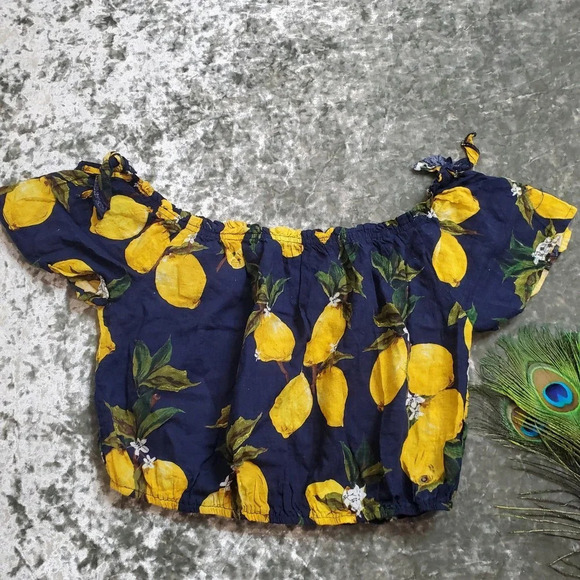 Blush Lemon Print Off The Should Crop Top - Picture 1 of 8